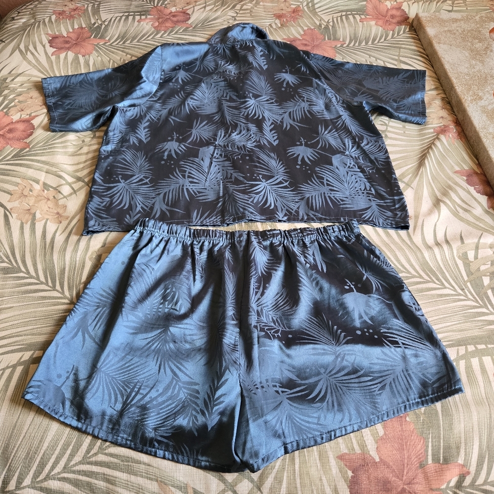 3/$25 Nicole Miller New York Pajama Short Set Sleepwear Satin Finish Floral Teal - Picture 3 of 10